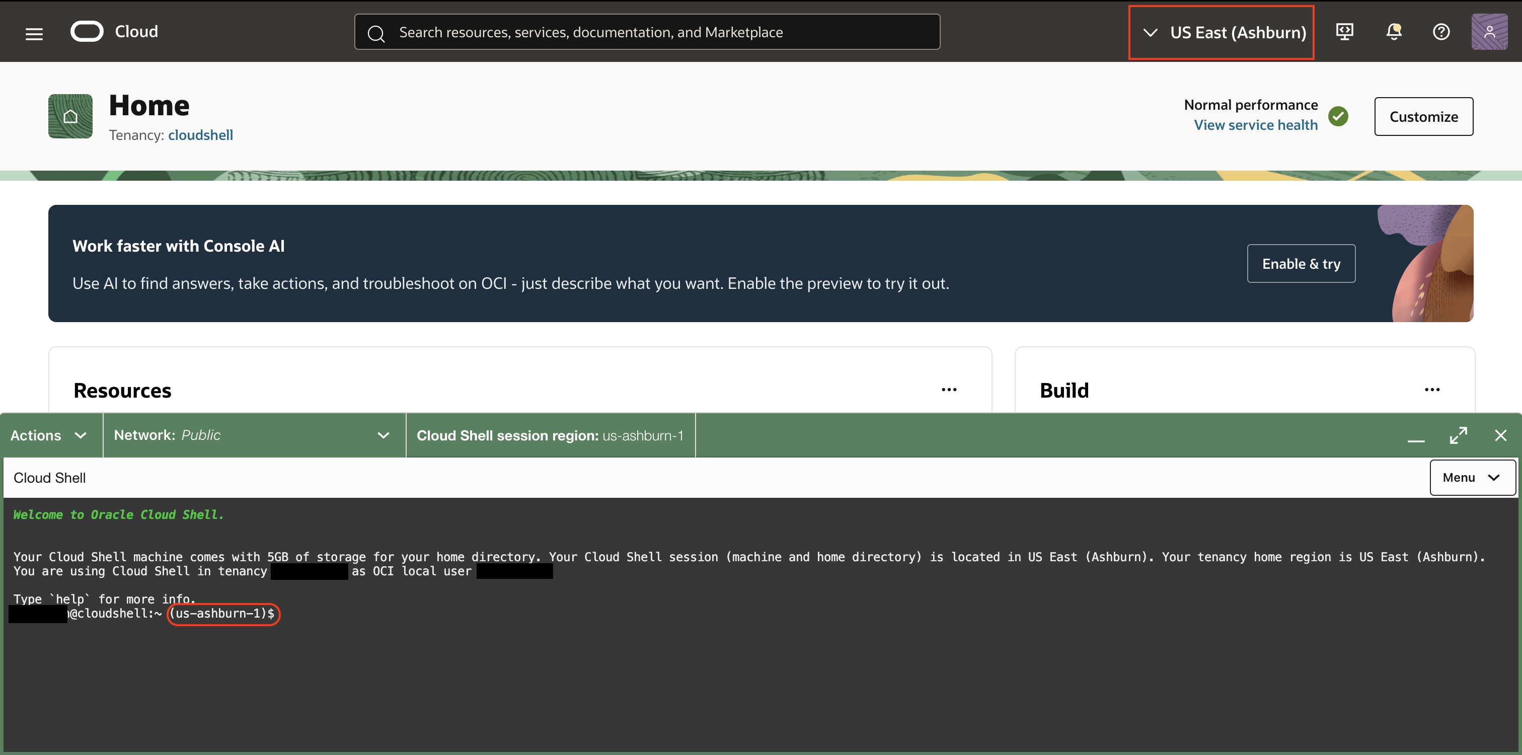OCI CLI target region in the Cloud Shell prompt