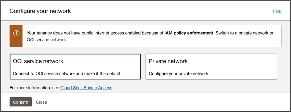 Cloud Shell restricted network dialog