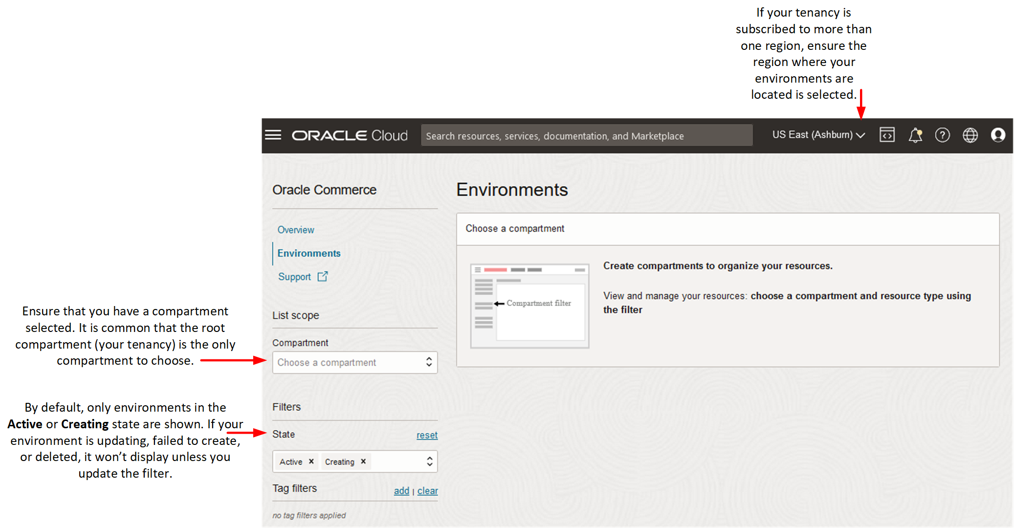 Environments page highlighting possible reasons the environment is not displayed