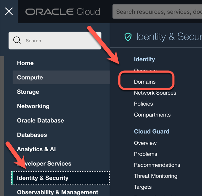 This image shows the identity service navigation menu options for tenancies that have identity domains enabled.