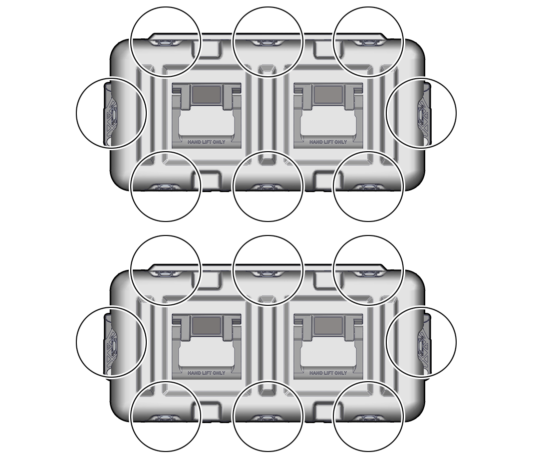 An illustration showing the front and rear of the ruggedized case where the wing-turn latches are located.