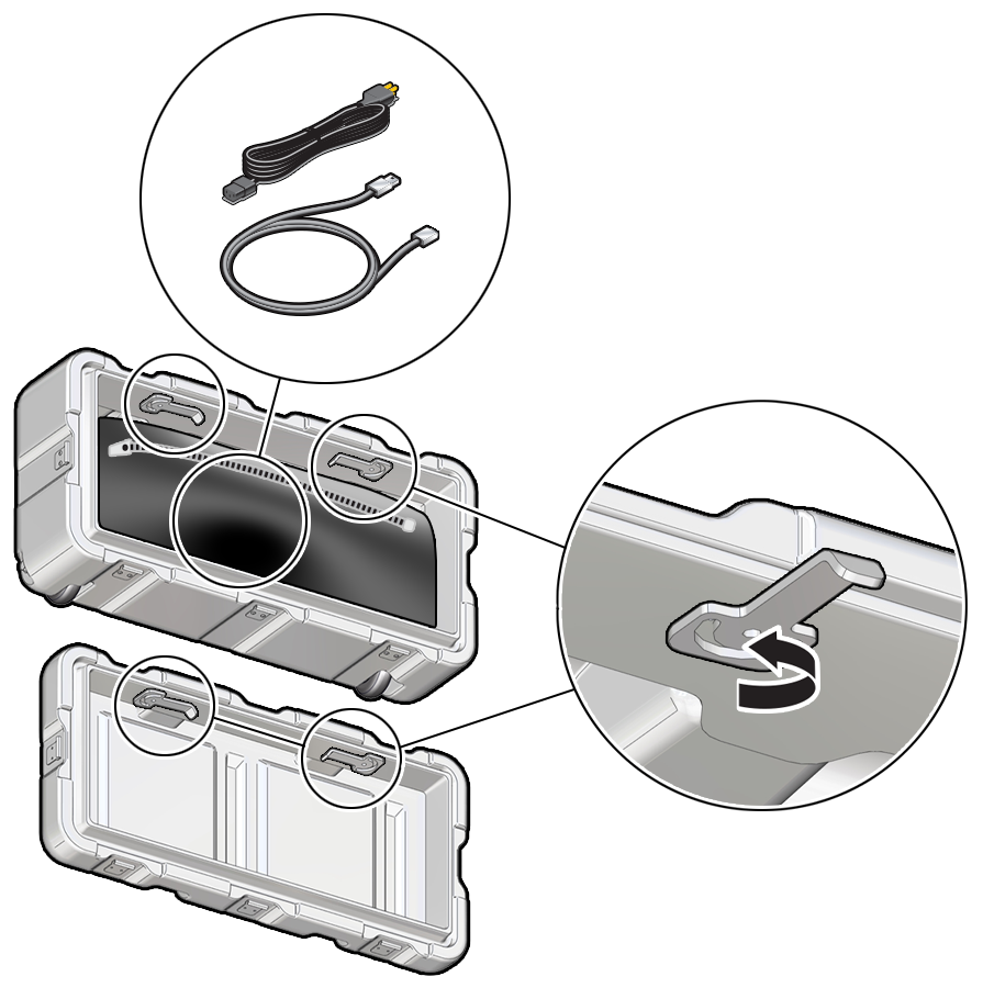 An illustration showing the end-cap hooks that are used to store end-caps on the side of the case.