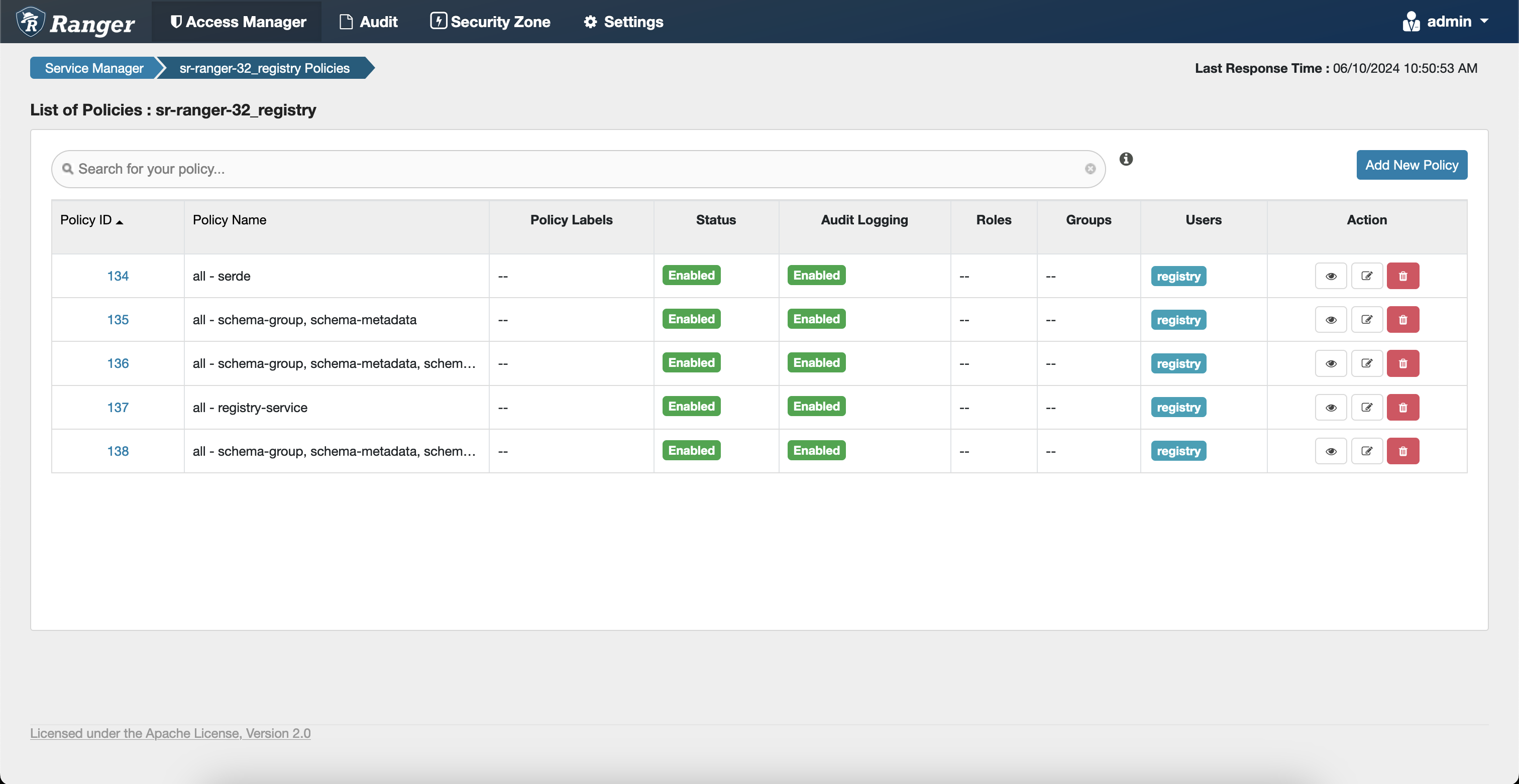 Schema registry ranger default policies