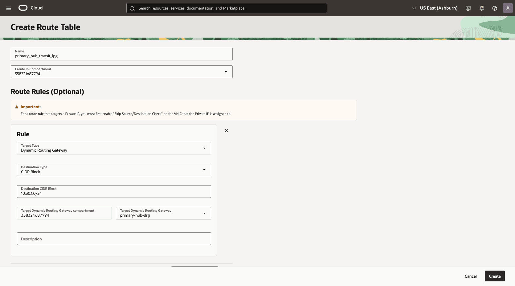 This screenshot shows how to configure the network in the primary region.