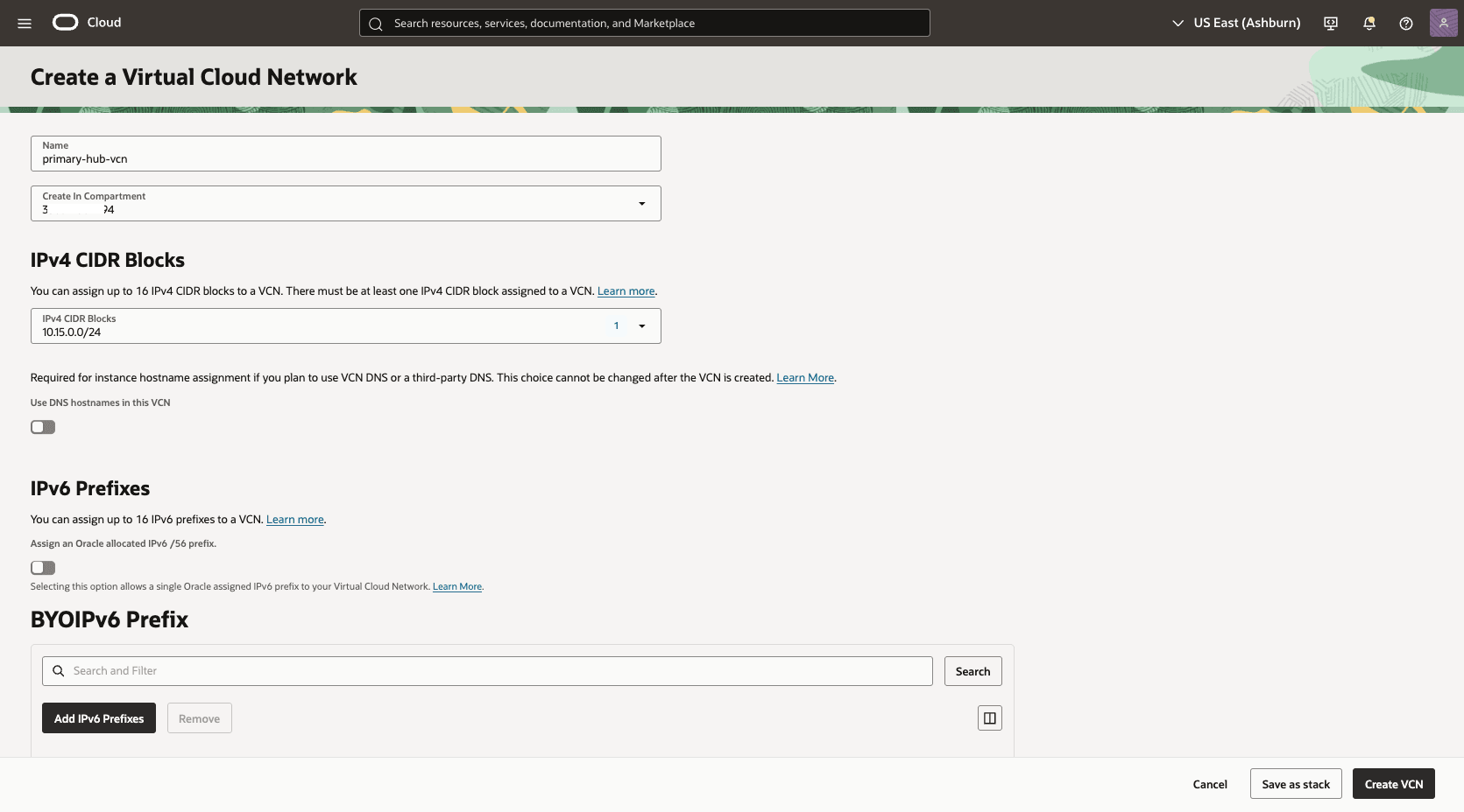 This screenshot shows how to configure the network in the primary region.