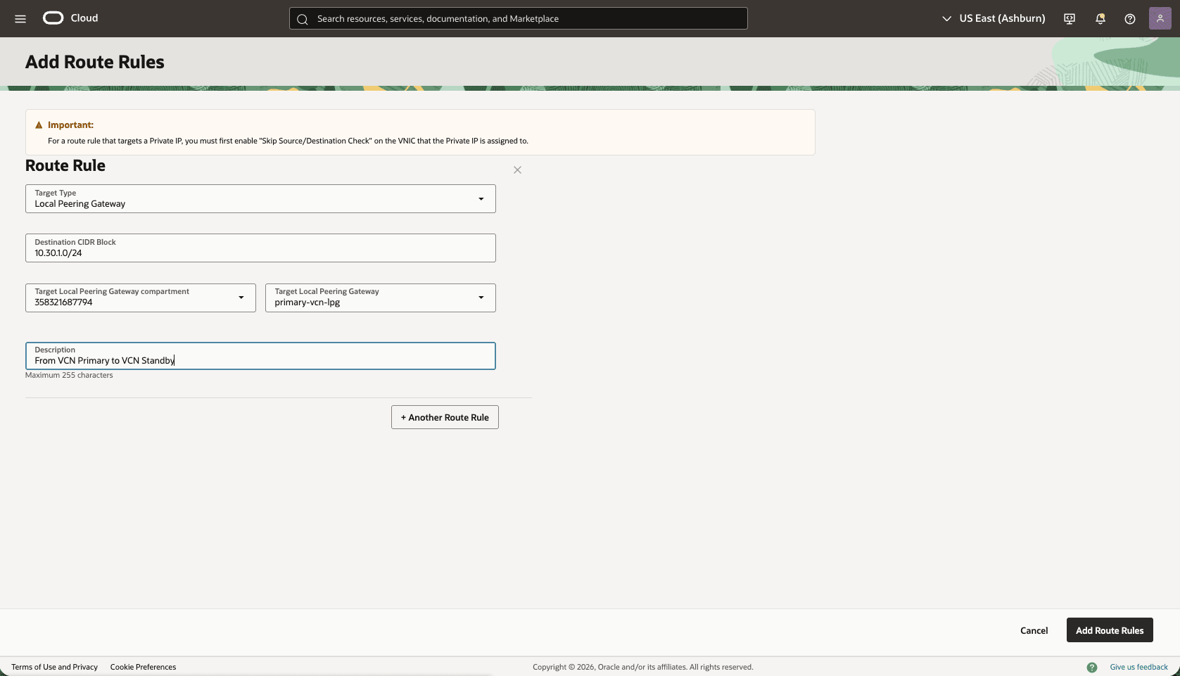 This screenshot shows how to configure the network in the primary region.