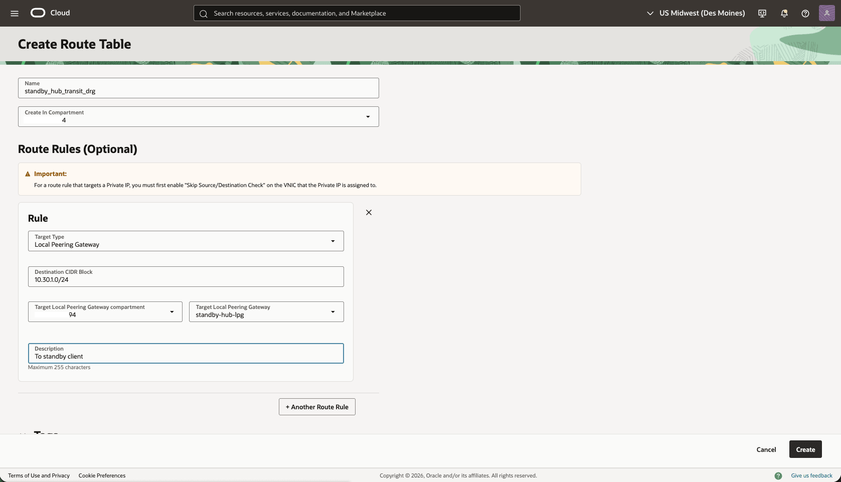 This screenshot shows how to configure the network in the standby region.