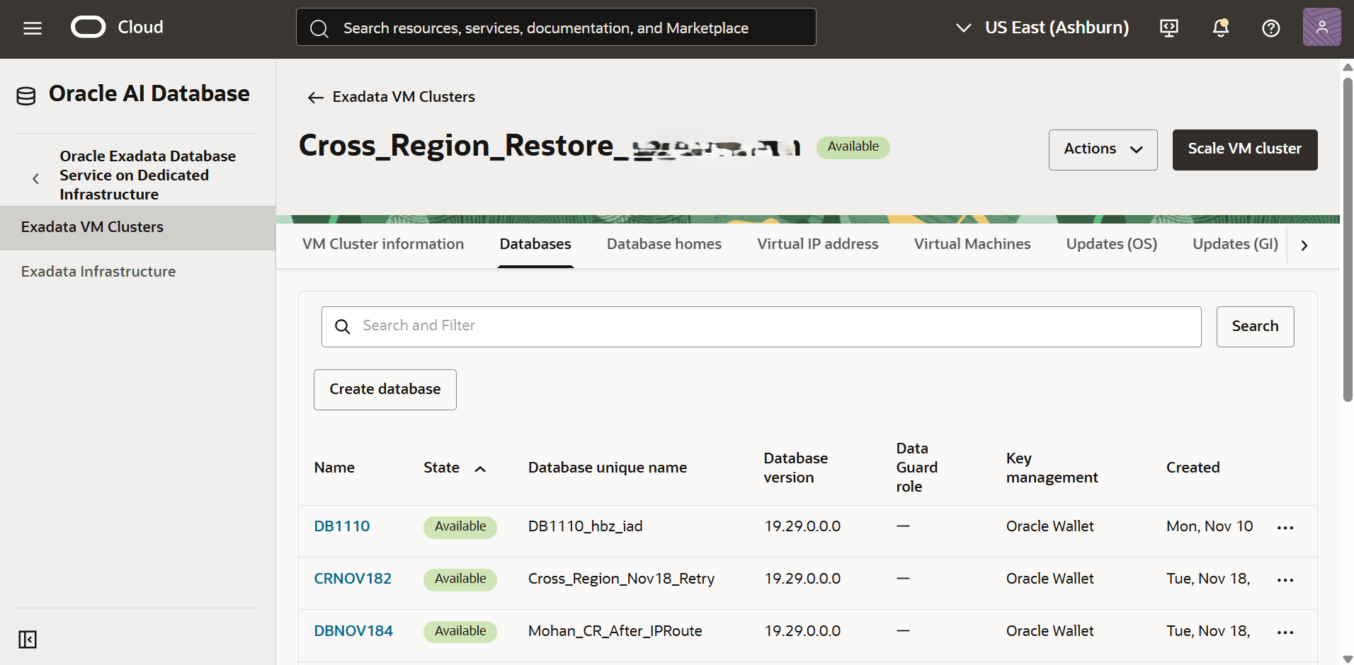 This screenshot shows the list of databases.