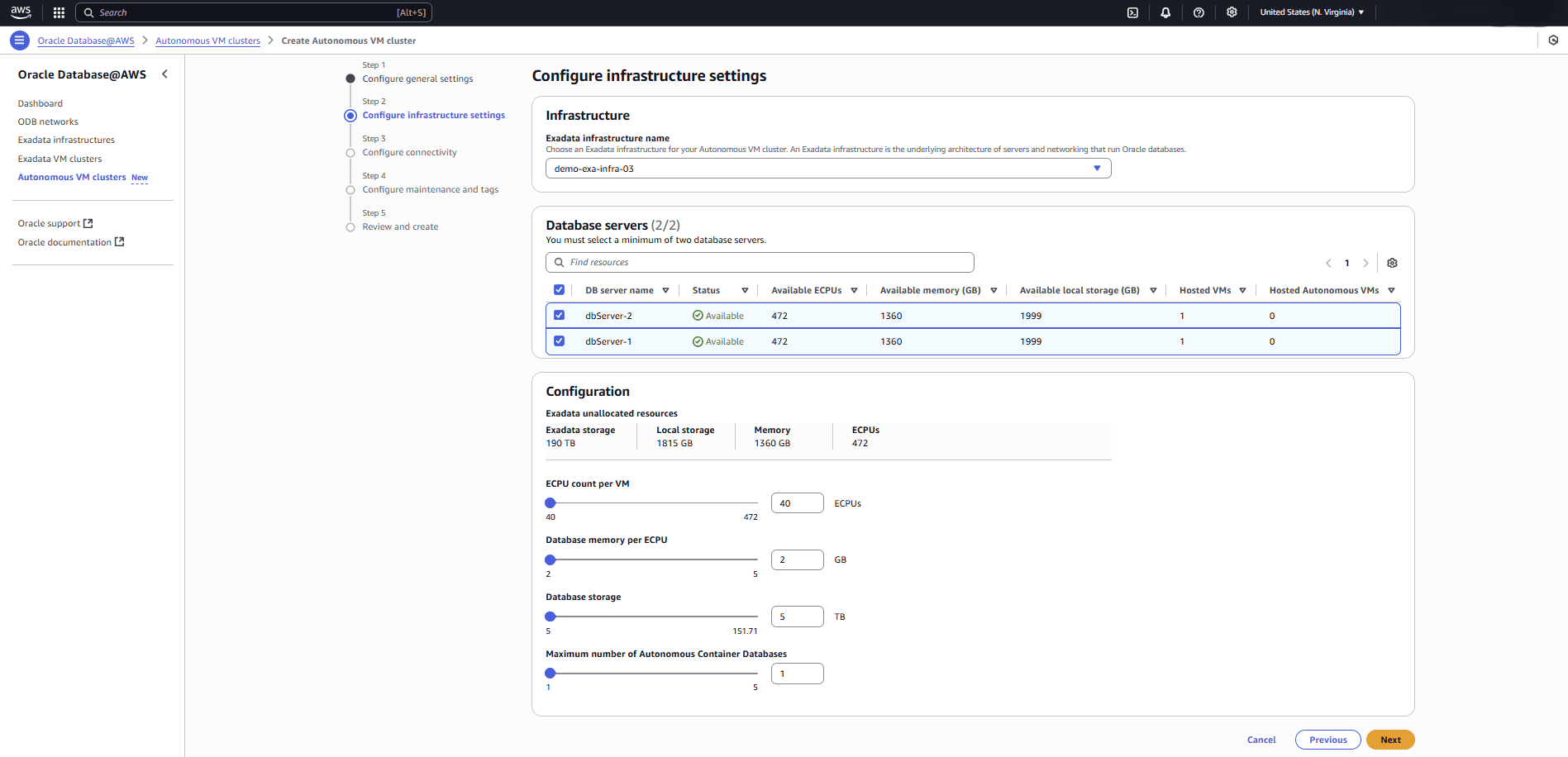 This screenshot shows the second part of creating an Autonomous VM Cluster