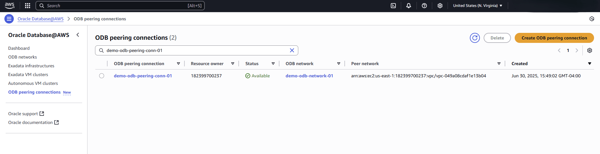 This screenshot shows the last part of creating an ODB peering connection. This screenshot shows the last part of creating an ODB peering connection.