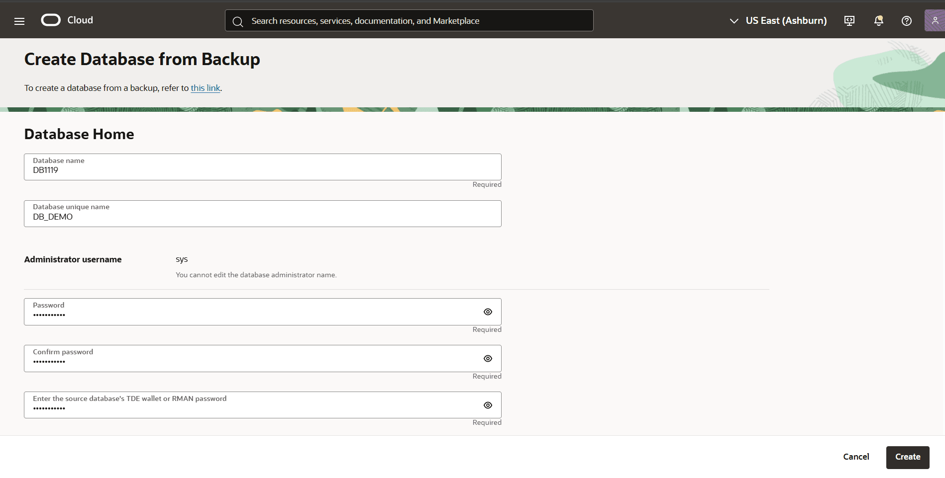 This screenshot shows how to create a database from backup.