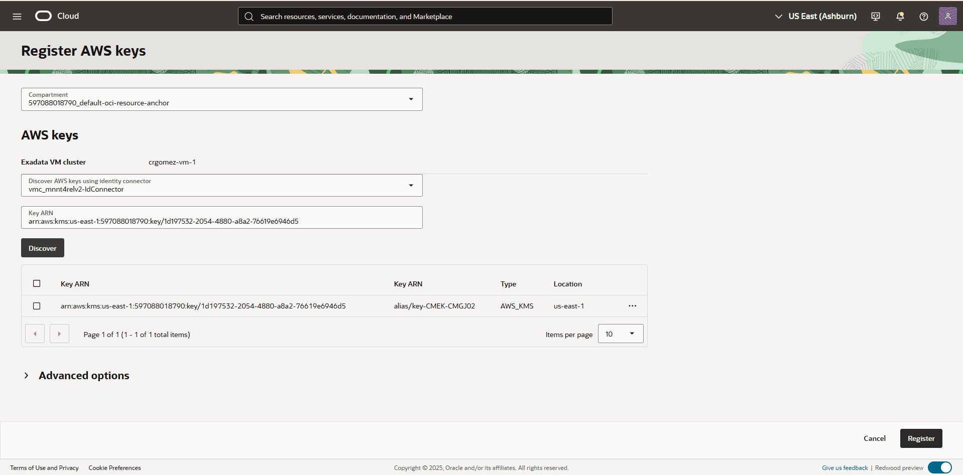 This screenshot shows how to register AWS keys.