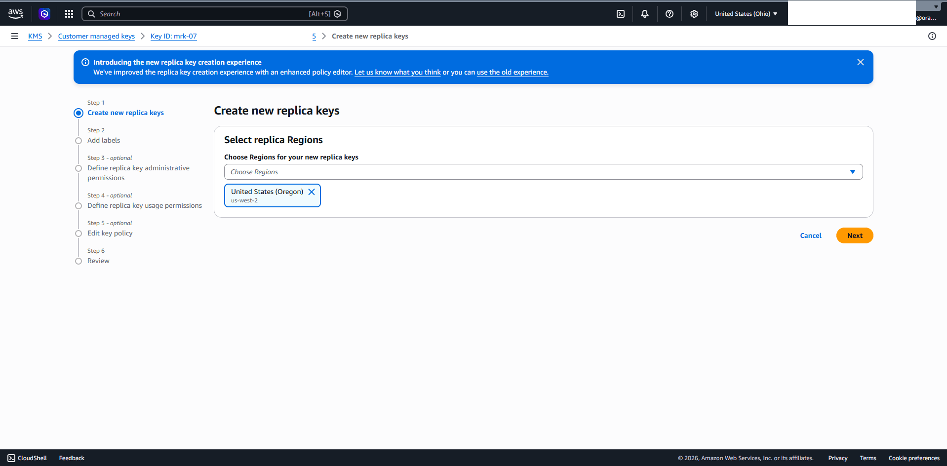 This screenshot shows how to enable the multi-region key in AWS KMS.