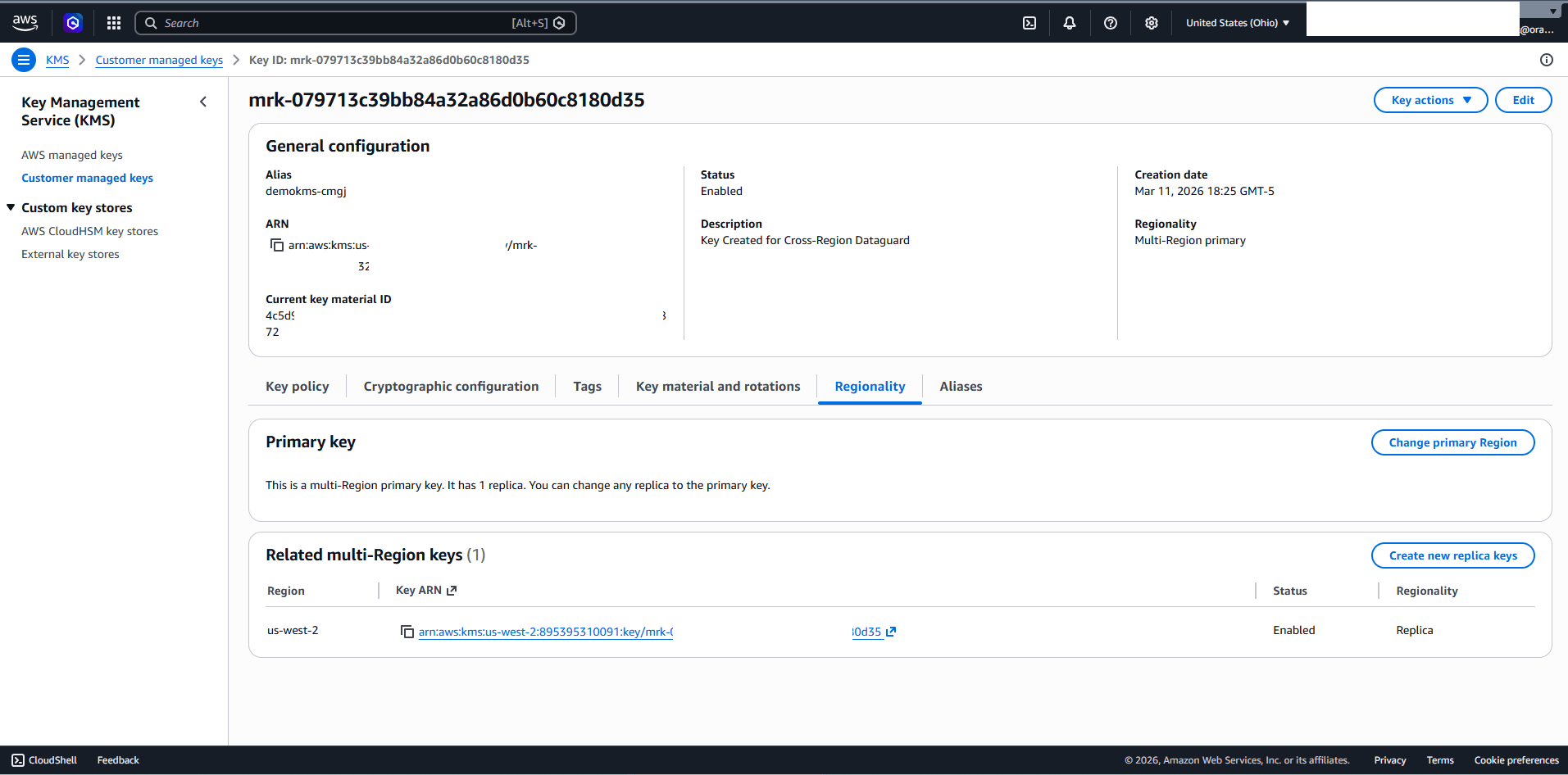 This screenshot shows how to enable the multi-region key in AWS KMS.