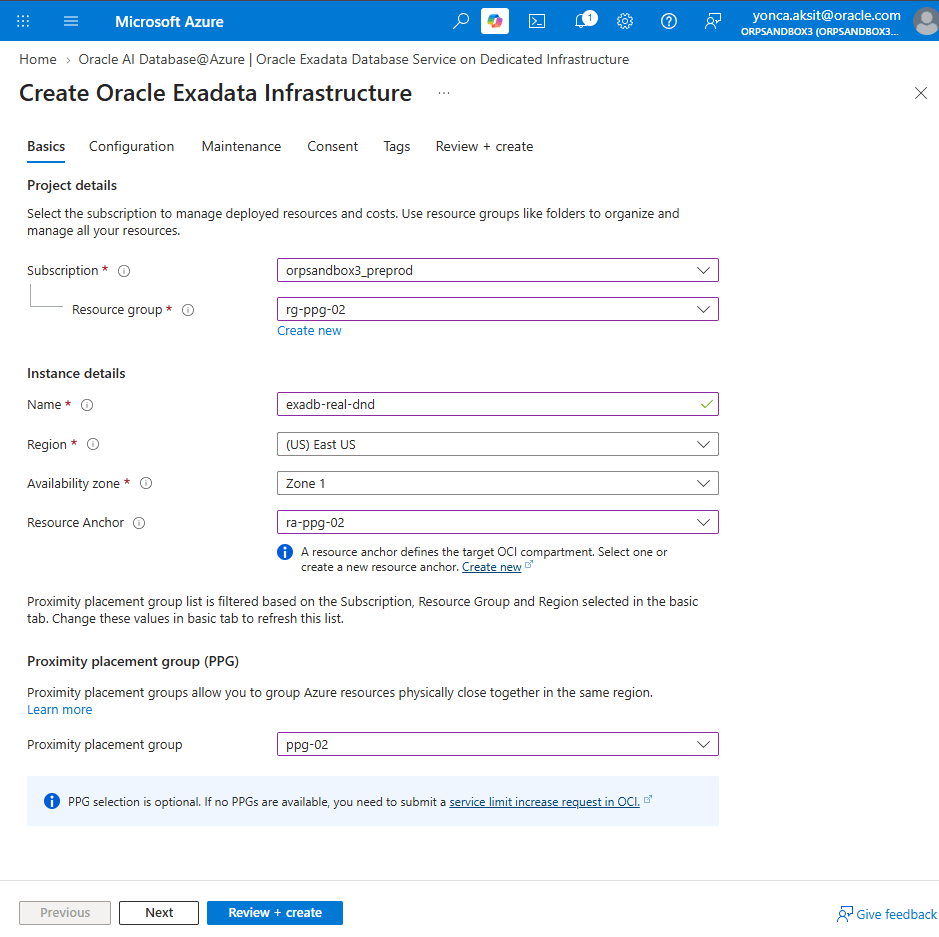 This screenshot shows how to create an Exadata Infrastructure.