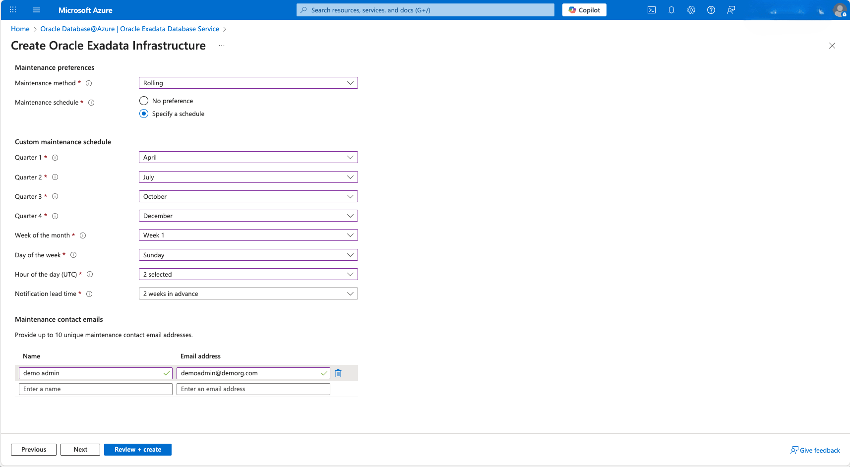 This screenshot shows the third step of creating an Exadata Infrastructure This screenshot shows the third step of creating an Exadata Infrastructure