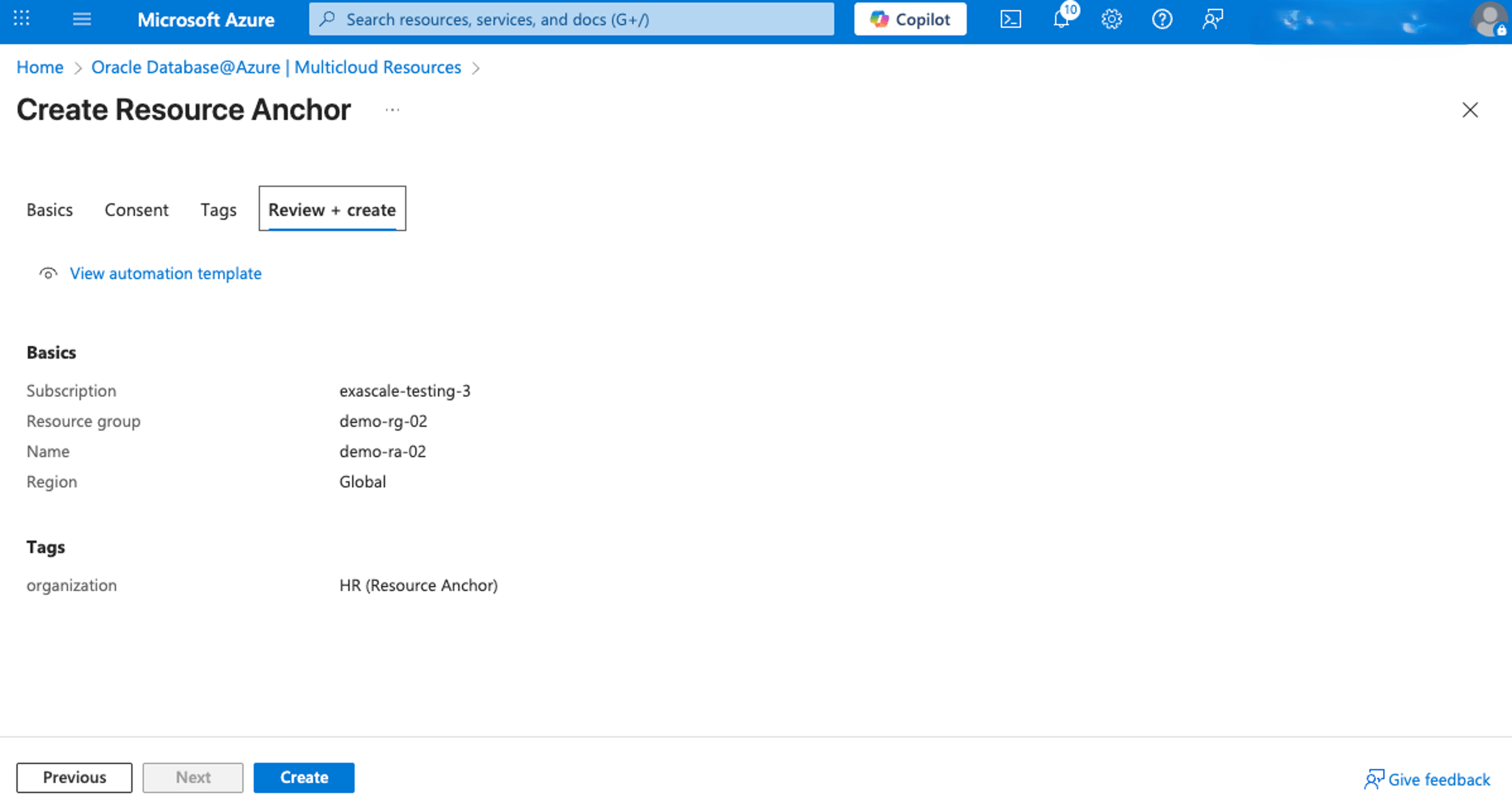 This screenshot shows how to create Resource Anchor.