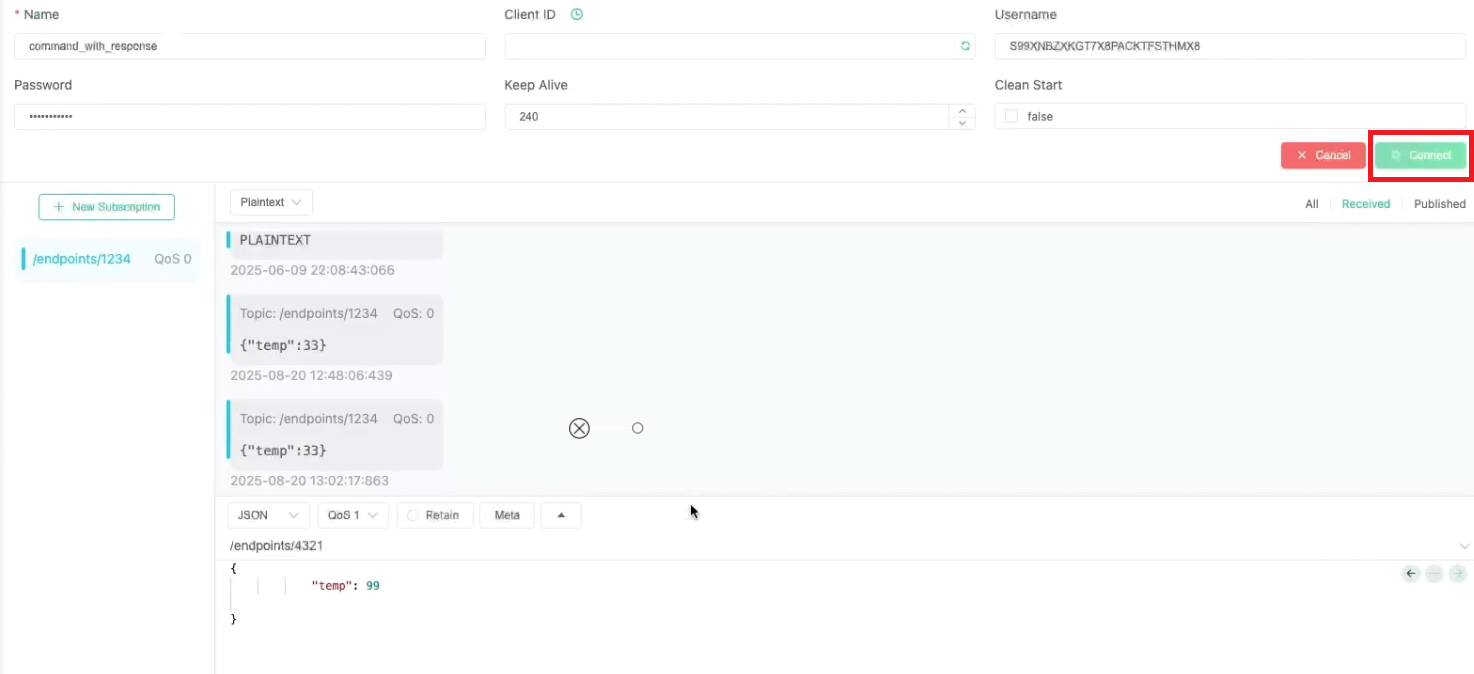 In MQTTX select connect.