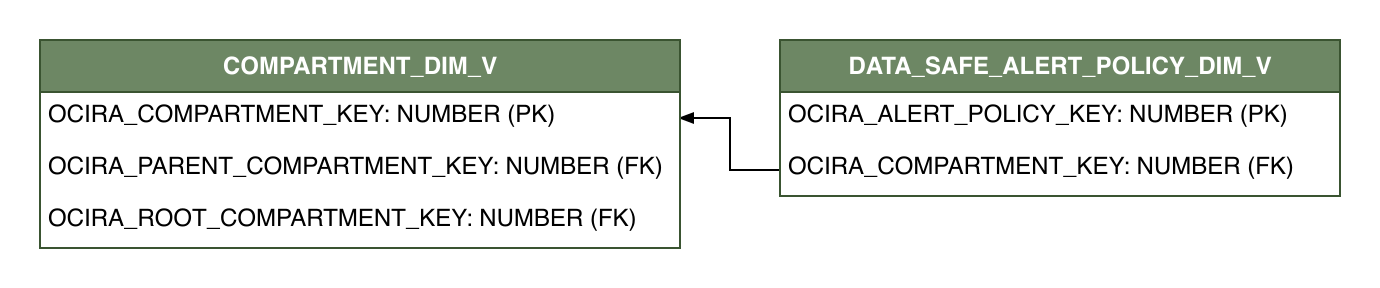 Relationship diagram showing the dimension table, DATA_SAFE_ALERT_POLICY_DIM_V.