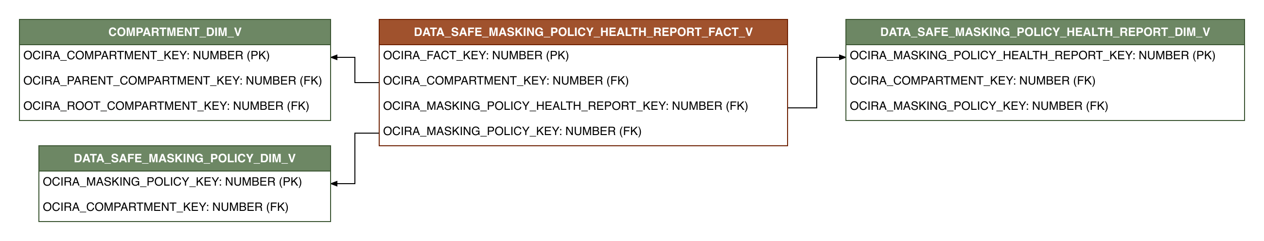 Relationship diagram showing the fact table, DATA_SAFE_MASKING_POLICY_HEALTH_REPORT_FACT_V.