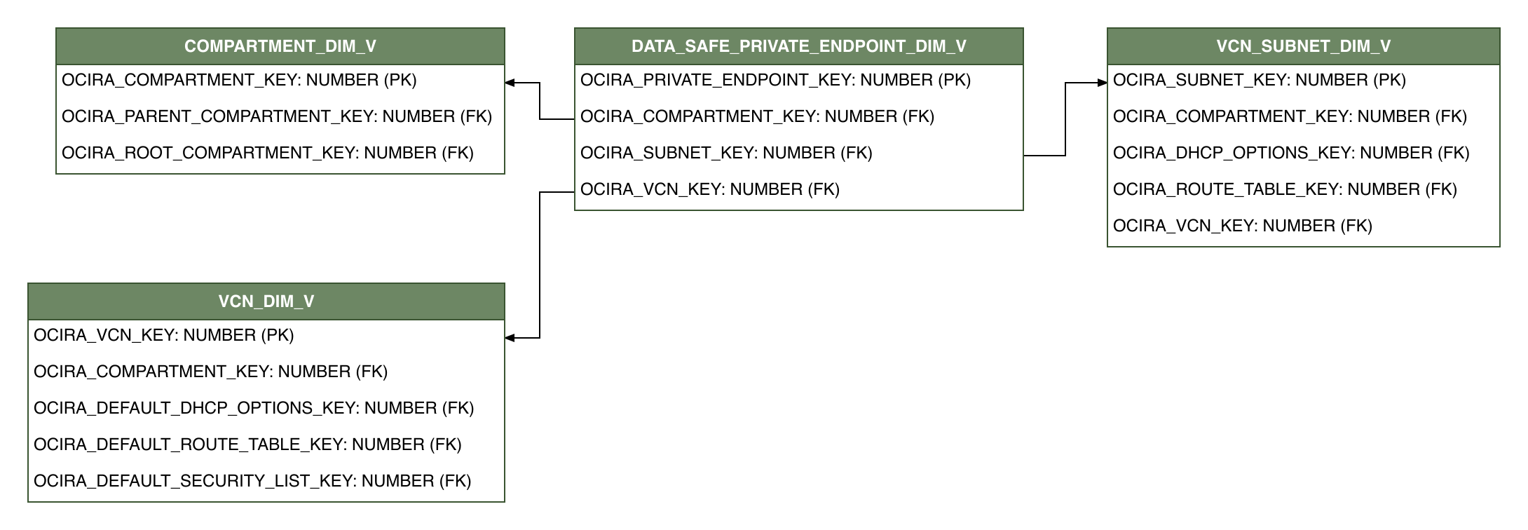 Relationship diagram showing the dimension table, DATA_SAFE_PRIVATE_ENDPOINT_DIM_V.