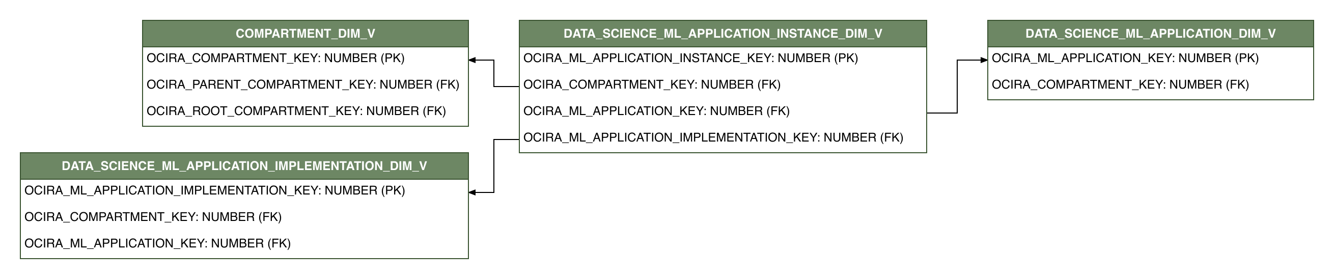 Relationship diagram showing the dimension table, DATA_SCIENCE_ML_APPLICATION_INSTANCE_DIM_V.