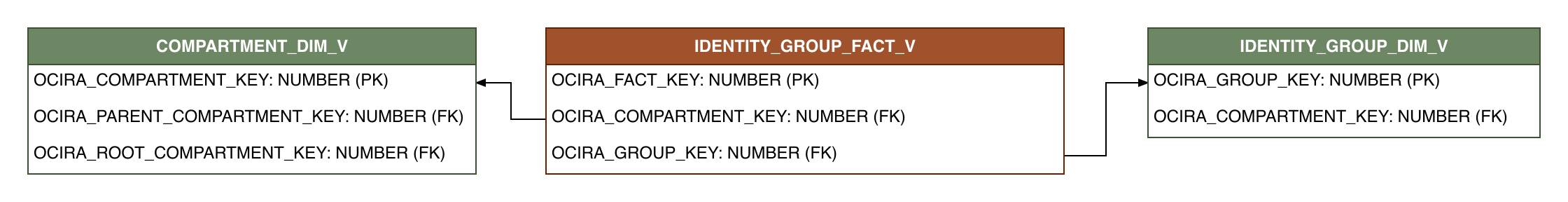 Relationship diagram showing the fact table, IDENTITY_GROUP_FACT_V.