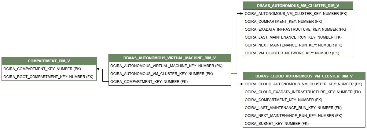 Relationship diagram for the DBAAS_AUTONOMOUS_VIRTUAL_MACHINE_DIM_V view connected to three dimension views, COMPARTMENT_DIM_V, DBAAS_AUTONOMOUS_VM_CLUSTER_DIM_V, and DBAAS_CLOUD_AUTONOMOUS_VM_CLUSTER_DIM_V.
