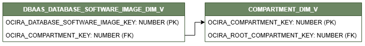 Relationship diagram for the DBAAS_DATABASE_SOFTWARE_IMAGE_DIM_V view connected to the dimension view COMPARTMENT_DIM_V.