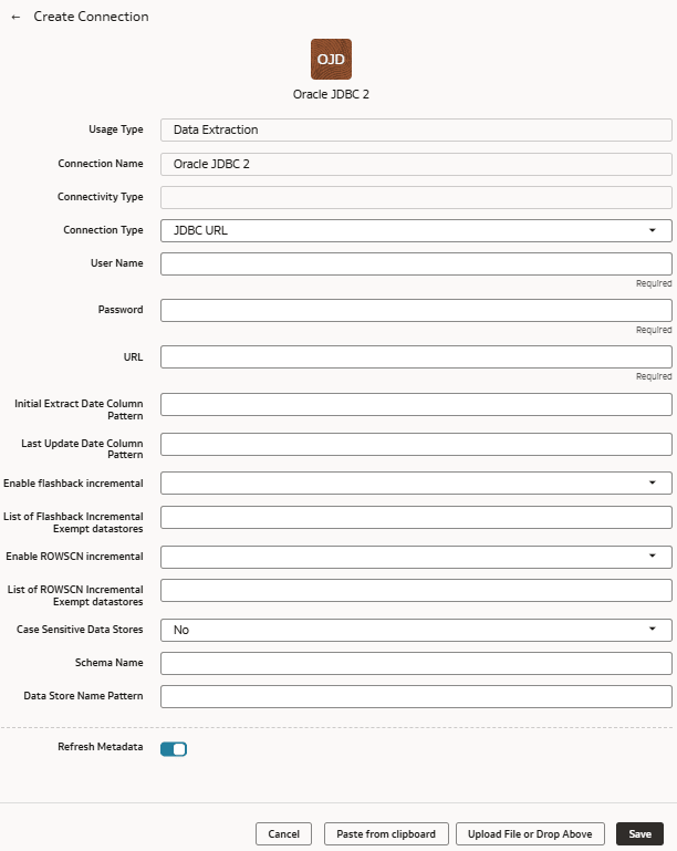 Oracle JDBC connection dialog displaying the JDBC URL connection type along with other patameters