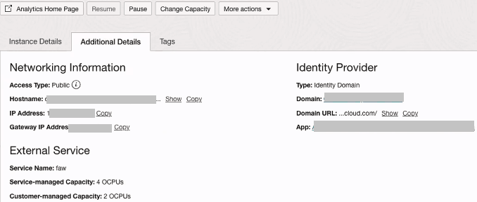 The service managed and customer managed capacity for the associated Oracle Analytics Cloud instance