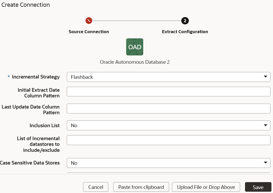 Create Connection for Oracle Autonomous Database dialog displaying the Extract Configuration tab