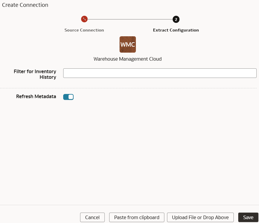 Create Connection for Oracle Warehouse Management Cloud dialog displaying the Extract Configuration tab.