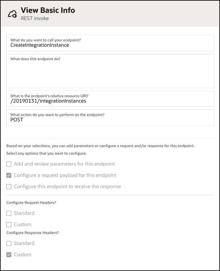 REST invoke with CreateIntegrationInstance as the endpoint and POST as the action. The endpoint's URI is also shown, but isn't pertinent to the example. REST invoke with CreateIntegrationInstance as the endpoint and POST as the action. The endpoint's URI is also shown, but isn't pertinent to the example.