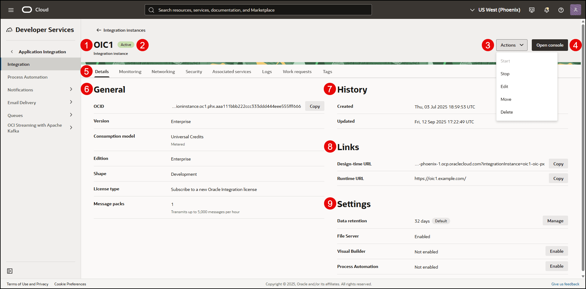 Oracle Cloud Console Integration instance details page (described in table below)