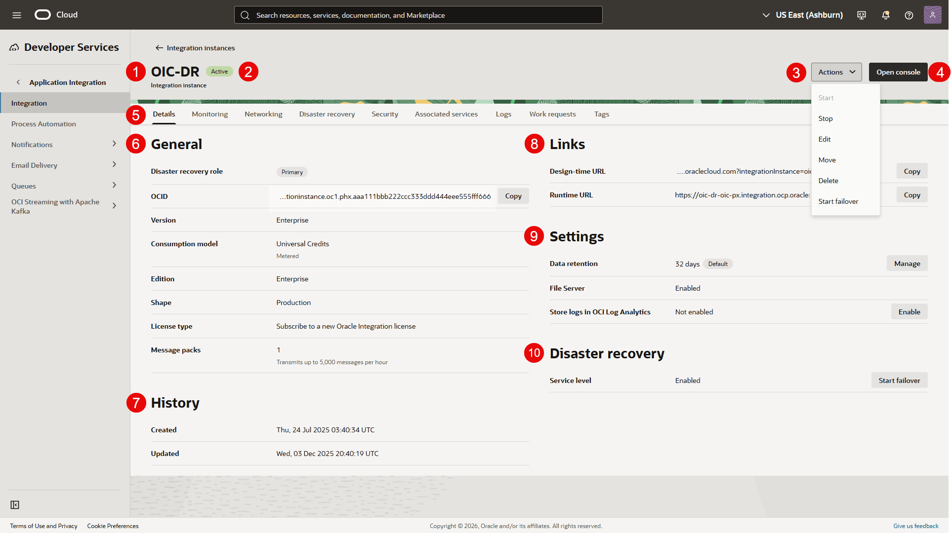 Oracle Cloud Console Integration instance details page with disaster recovery (described in table below)