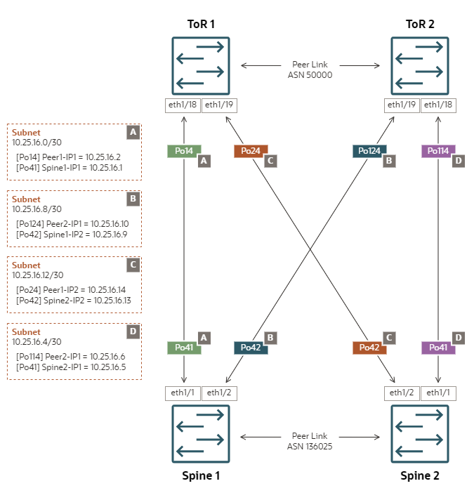 Diagram showing a reference configuration of uplinks in a mesh topology with eBGP dynamic routing.