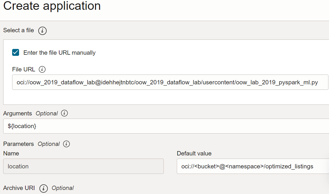 In the Create Application pull-out page covering the right-hand side of the Applications page, the Application Configuration section is visible. There is a check box called Use Spark-Submit Options, which is not selected. Python is selected as the language. There is a text box, labelled File URL, which contains the link to the .py file. Below is another text box, labelled Arguments, which contains ${location}. Below that are two text boxes side-by-side in the Parameters sub-section. The first is greyed out and contains location. The second contains the path to a directory.