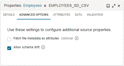 Allow Schema Drift checkbox in Properties panel of source operator