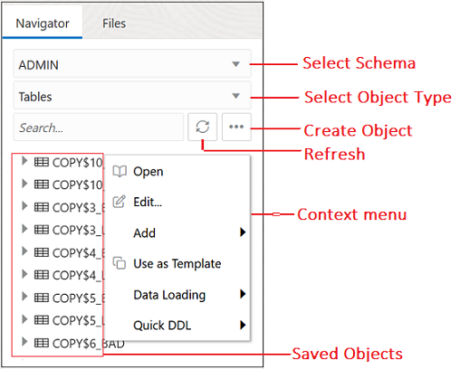 This image depicts the left pane in the SQL Worksheet.