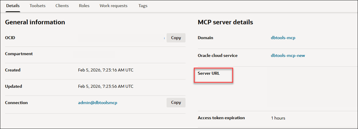 This image shows the Server URL in the MCP Server details page.
