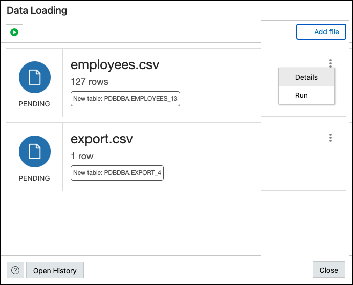 This image depicts the Details option in the Data Loading page in SQL Worksheet.