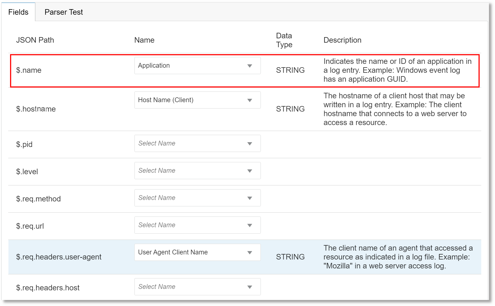 Fields tab: The columns displayed in the table are field number, JSON path, name, data type, and description