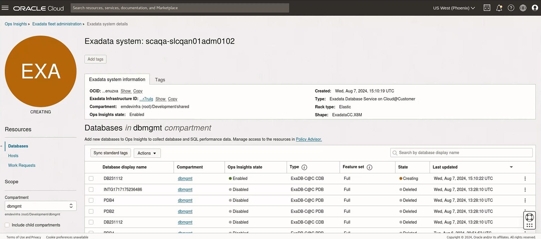 Exadata Database Service on Cloud@Customer system page