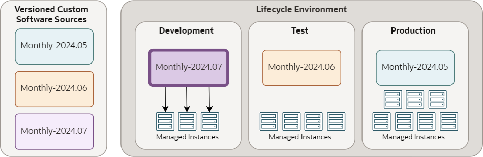 Example lifecycle showing three software sources. The newest source is promoted to the Development stage.