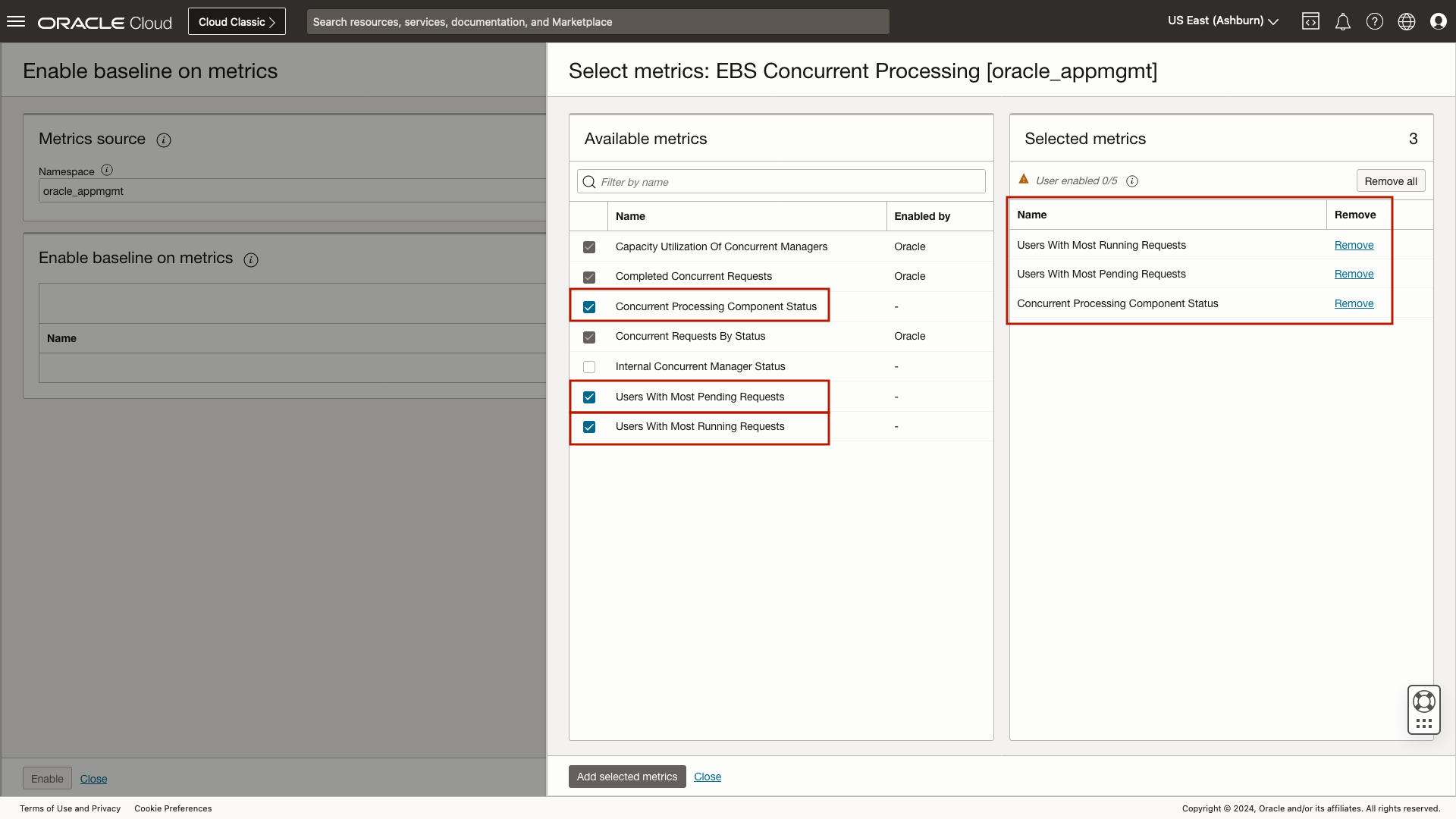 Metric selection slide-out, highlighting metrics chosen to enable anomaly detection..