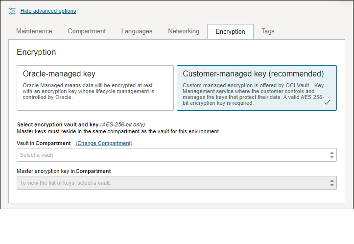 Click to expand Create environment flow, highlighting the Customer-managed key selection