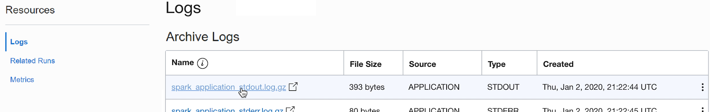 The bottom of the Run Details page. Below the details is a section labelled Logs. It lists the available log files in a table of five columns. The columns are Name, File Size, Source, Type, and Created. The two log files listed are stdout.log and stderr.log. To the left is a small section labelled Resources. It contains two links, Logs and Resources. Logs is selected.