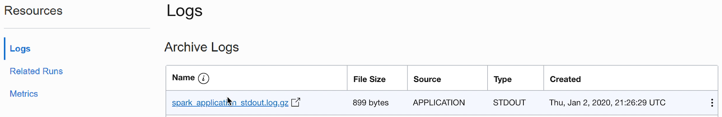 The bottom of the Run Details page. Below the details is a section labelled Logs. It lists the available log files in a table of five columns. The columns are Name, File Size, Source, Type, and Created. The two log files listed are stdout.log and stderr.log. To the left is a small section labelled Resources. It contains two links, Logs and Resources. Logs is selected.