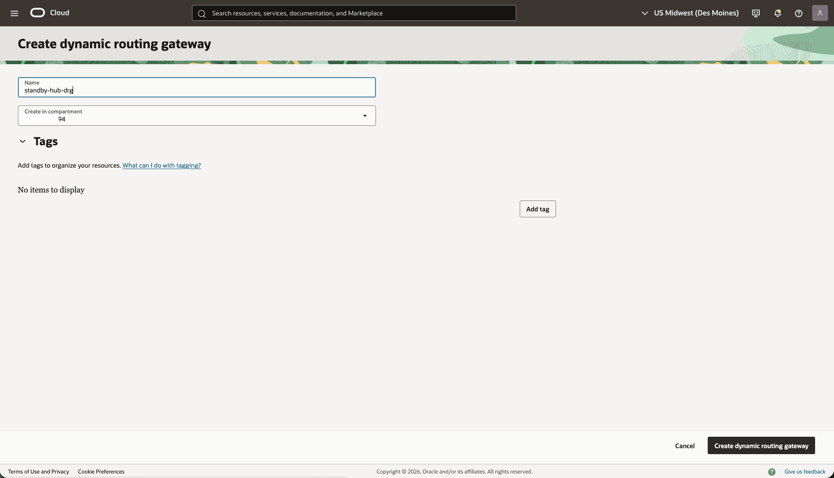 This screenshot shows how to configure the network in the standby region.